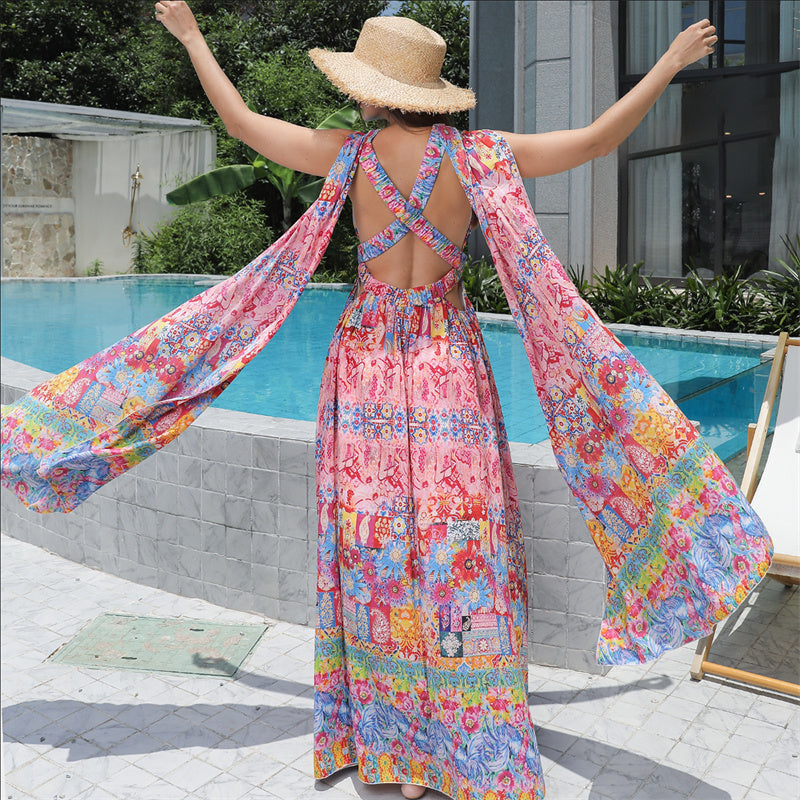Elegante Mouwloze Bloemenprint Boho Maxi-jurk met Kruisbandjes voor Dames & Plus-size