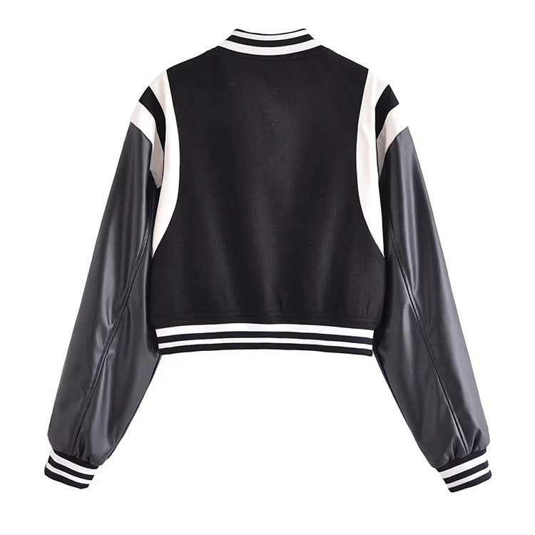 Amerikaanse Honkbaluniform Retro Varsity jacket van PU-Leer met Gestikte Wol en Knoopsluiting voor Dames & Meiden