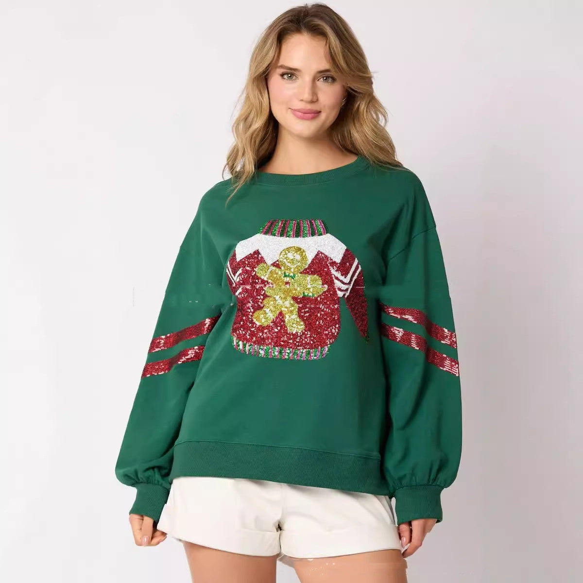 Kerstmis Stijlvolle Casual Kerst Sweatshirt met Kerstmotief van pailletten en Ronde Hals voor Dames & Plus-size