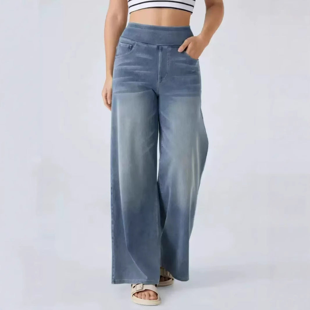 Casual Forenzen Slim-Fit Elastische Baggy High Waiste & Wide Leg Jeans met Zakken voor Dames & Plus-size