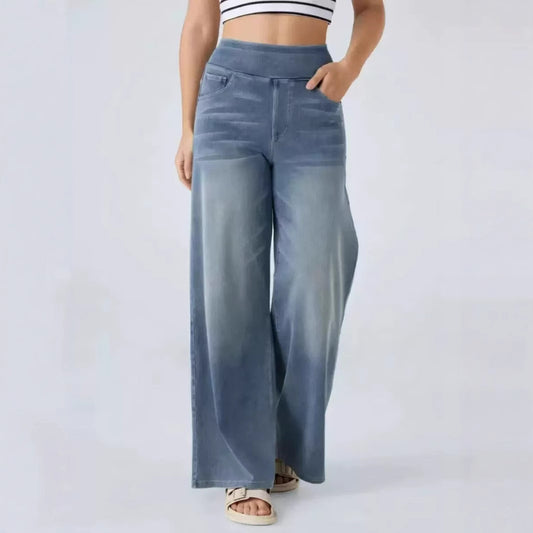 Casual Forenzen Slim-Fit Elastische Baggy High Waiste & Wide Leg Jeans met Zakken voor Dames & Plus-size