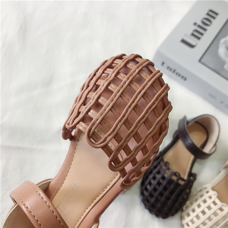 Elegante Stijlvolle Geweven Antislip Sandalen van PU-Leer in Effen Kleur met Ronde Neus en Klittenband voor Meisjes & Meiden