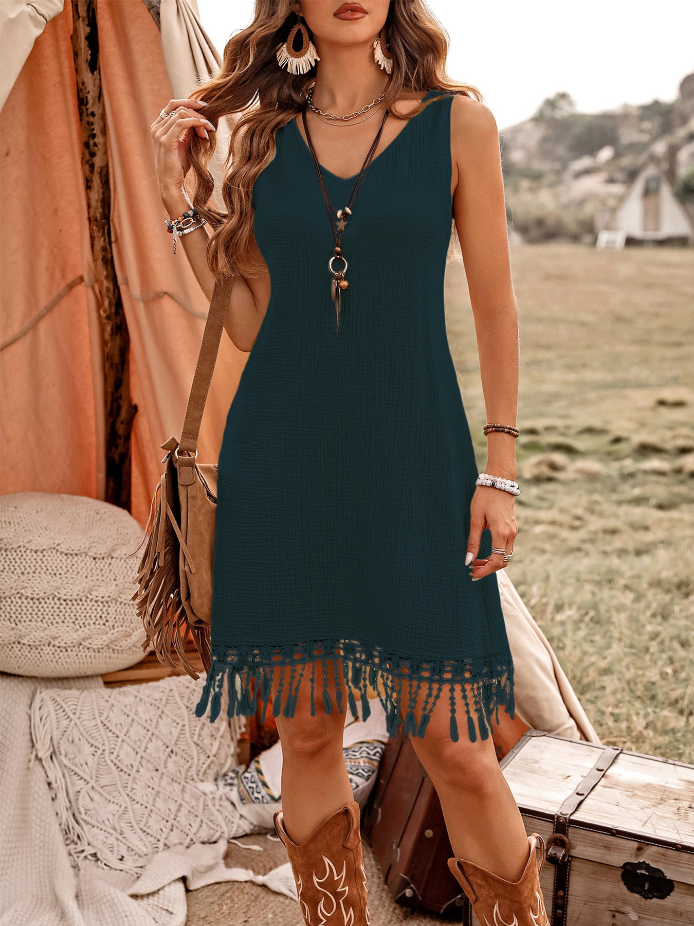 Hawaiiaanse Stijl Mouwloze Holidaya Linnen Midi-jurk met Patchwork aan Achterkant voor Dames & Plus-size