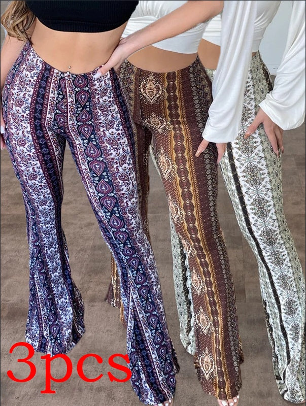 Stijlvolle Elegante Hoge Taille Strakke Stretch Boho Flare Broek met Bedrukte Paisley en Streepmotief voor Dames & Plus-size
