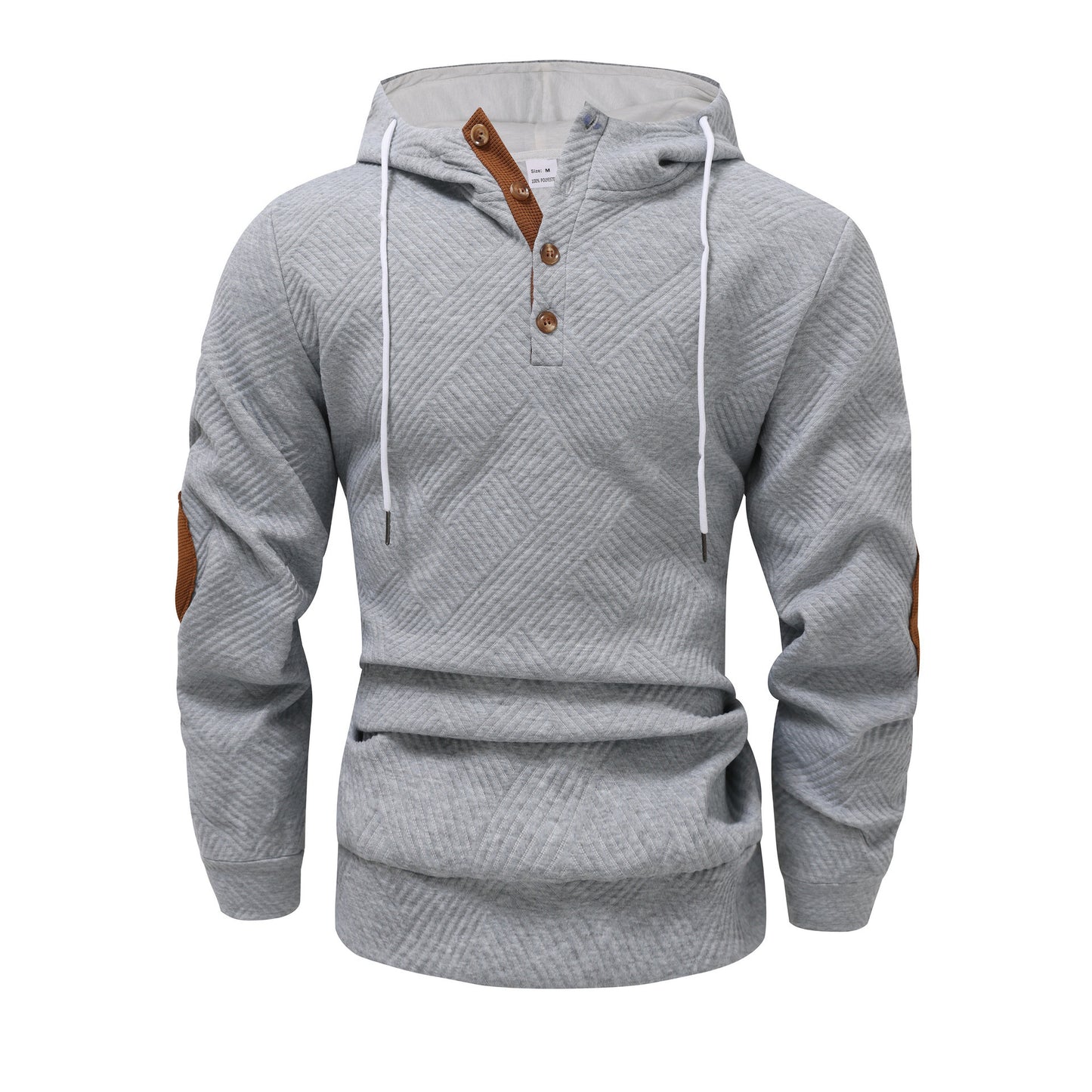 Trendy Effen Jacquard Losse Sport Hoodie Sweater Patched met Knoopsluiting en Trekkoord voor Heren