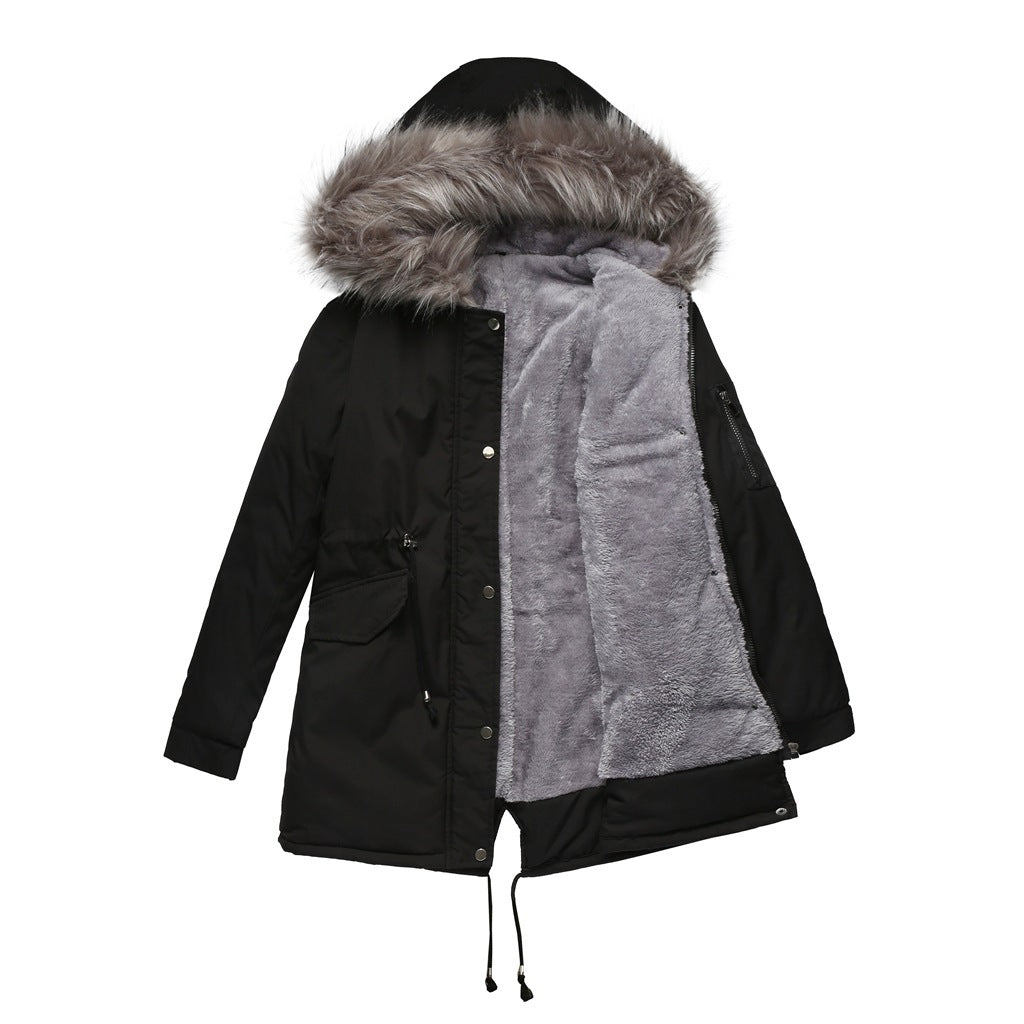 Casual Parka Katoenen Gewatteerde Middellange Winterjas met Bontkraag Capuchon en Ritssluiting voor Dames & Plus-size