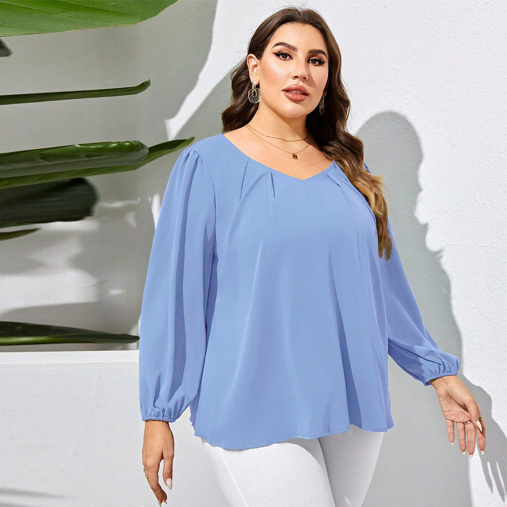 Amerikaanse Elegante Casual Effen Kleur Oversized V-hals Shirt met Lange Mouwen voor Plus-size