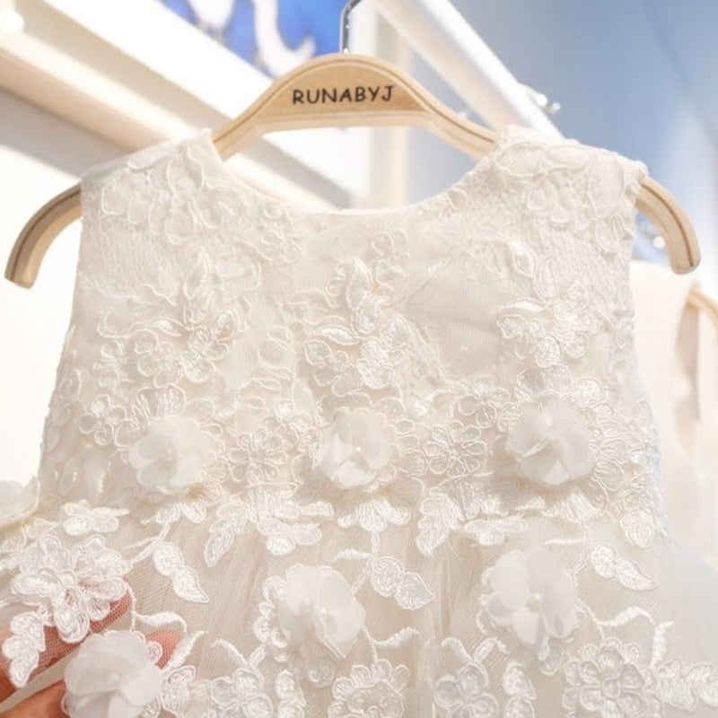 Bruidmeisjes Witte Jurk met Geborduurde Bloemenpatroon en Strik