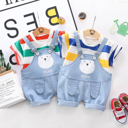2-delig Outfit Gestreept Casual T-shirt met Korte Mouwen & Blauw Overall met Beerprint voor Baby's/ Peuters