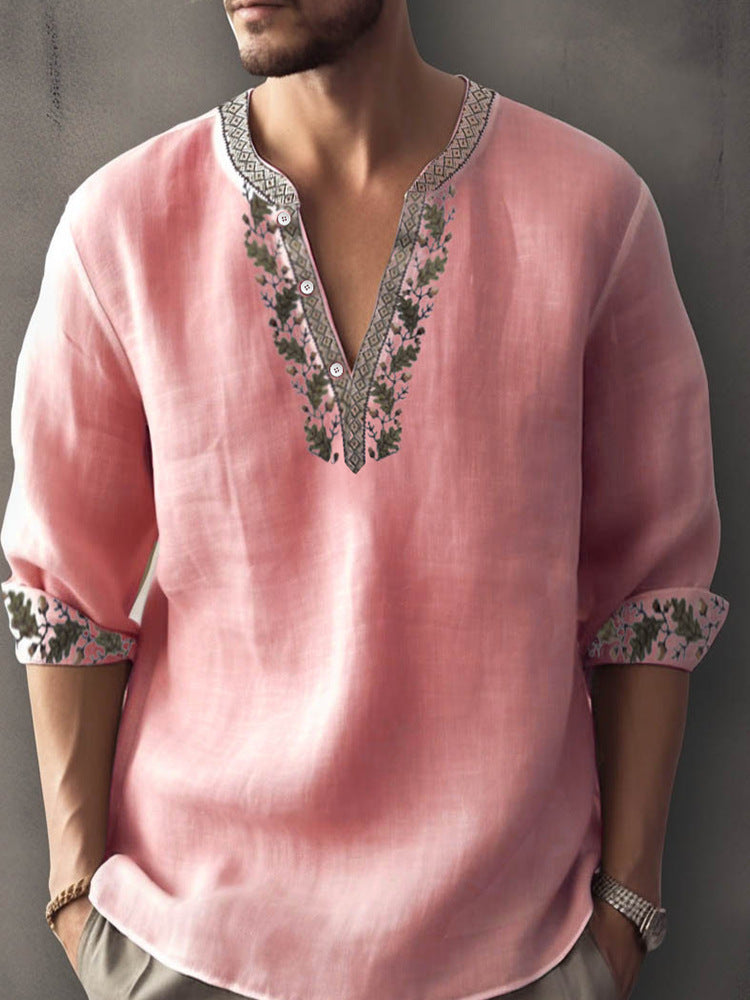 Europese Casual Oversized Kleurmatching Bamboe Linnen T-shirt met 3D Bedrukte Henleykraag en Lange Mouwen voor Heren