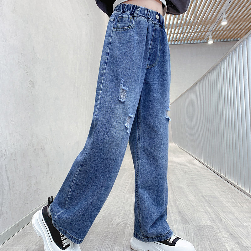 Donkerblauw Losse Wide-Leg Jeans voor Kinderen/ Tieners