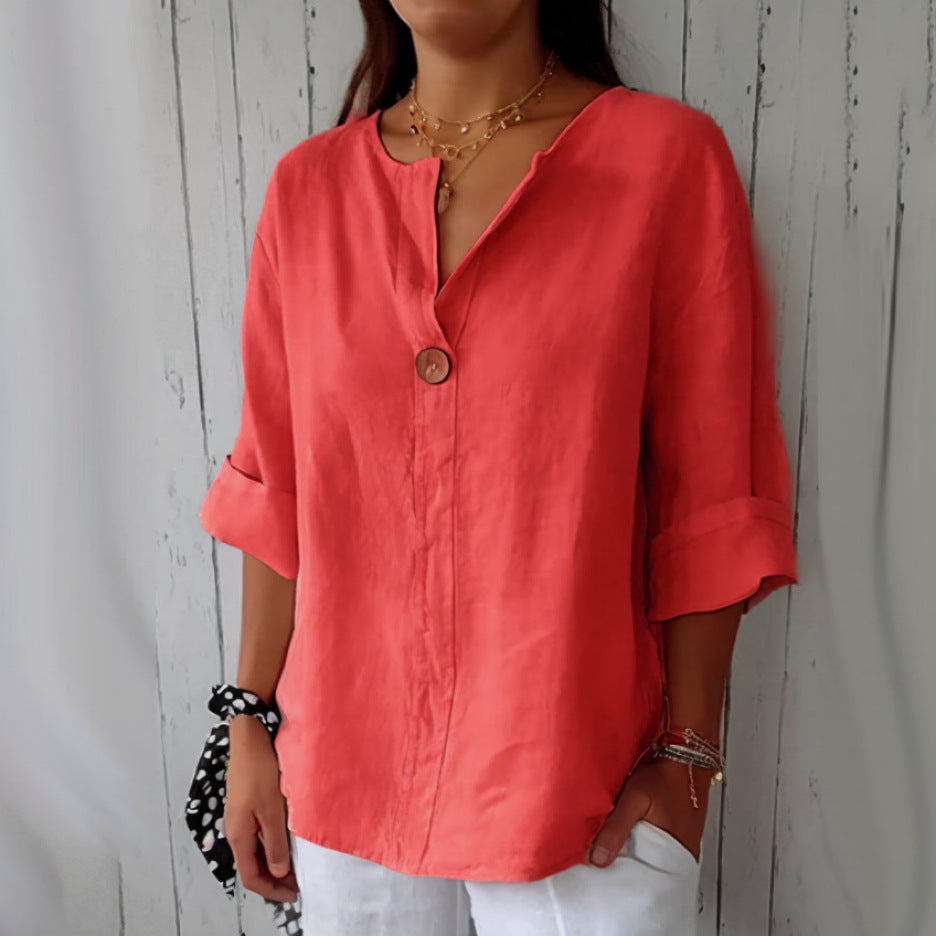 Unieke Designer Linnen V-hals Oversized Blouse T-shirt met Lange Mouwen en Knoopsluiting voor  Dames & Plus-size