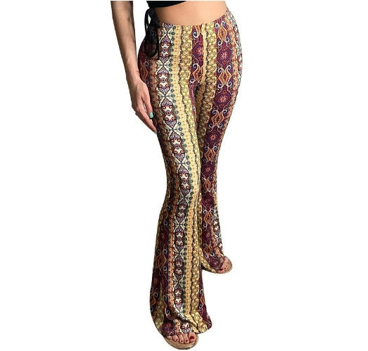 Stijlvolle Elegante Hoge Taille Strakke Stretch Boho Flare Broek met Bedrukte Paisley en Streepmotief voor Dames & Plus-size