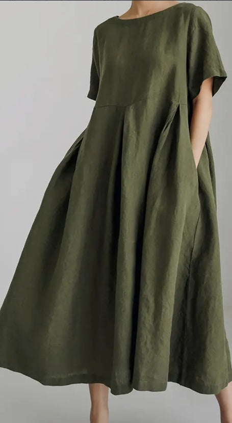 Trendy Katoenen Linnen Korte Mouw Maxi-jurk in Effen Kleur met Ronde Hals en Zakken voor Dames & Plus-size