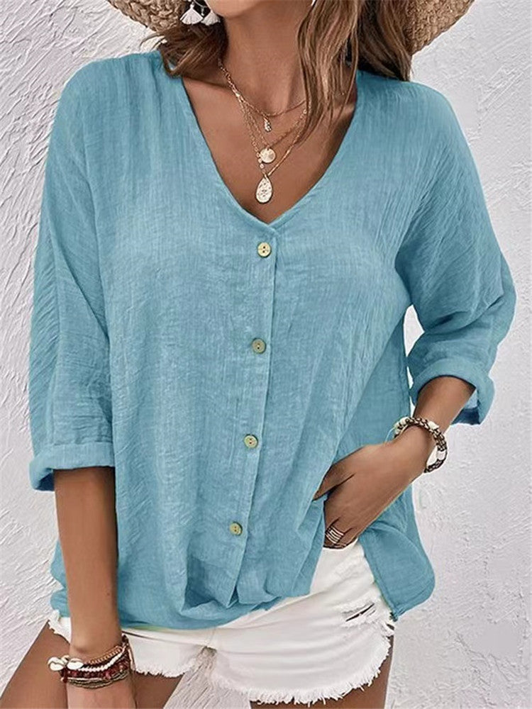 Casual Oversized Effen Kleur V-hals Blouse met Lange Mouwen en Knoopsluiting voor Dames & Plus-size