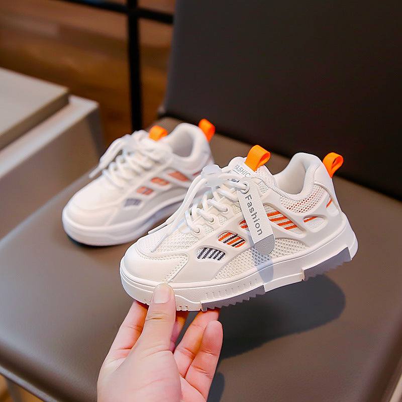 Modieuze Handbeschilderd Casual Mesh Laag Gestreepte Sportsneakers van PU-Leer met Vetersluiting voor Kids & Teenager