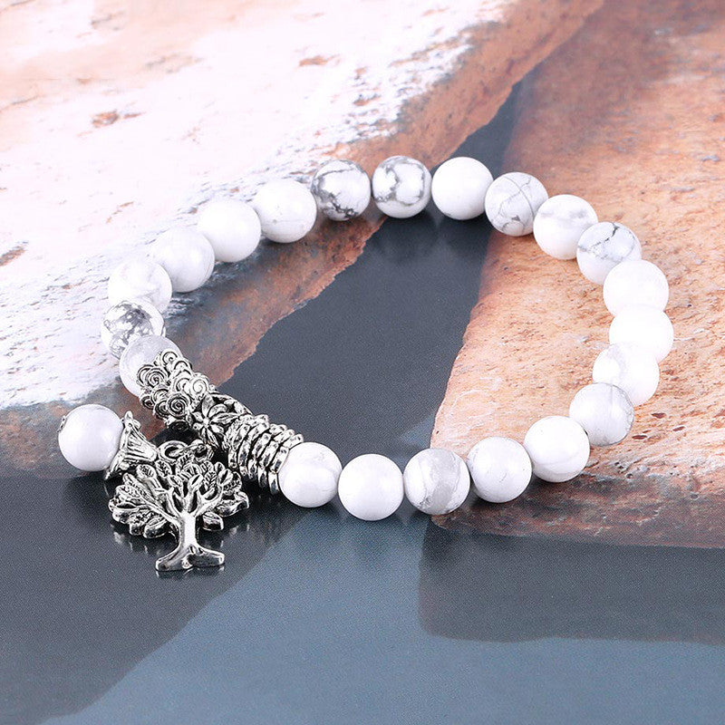 Vintage Designer Tree of Life Gematteerde Witte Dennenkralen Armband voor Dames