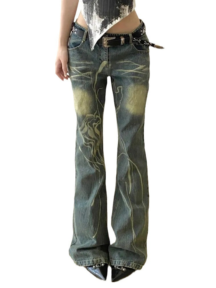 Amerikaanse Retro Washed-out Slightly Flared Jeans voor Dames/ Plus-size & Meisjes