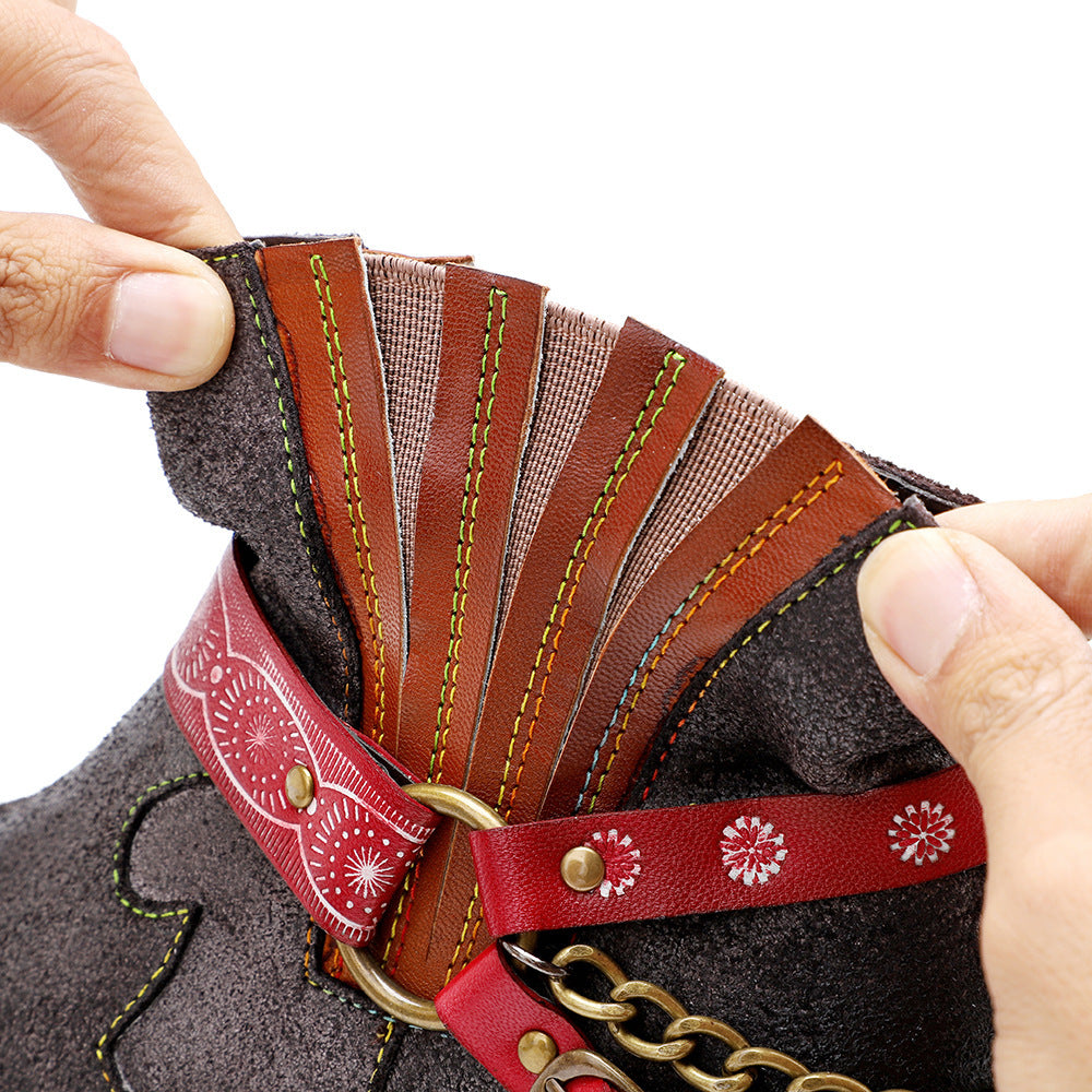 Amerikaanse Fashion Vintage Handgemaakte Matte Cowboy Enkellaarzen van Echt Leer met Geomestrisch Studded-band en Enkelketting voor Dames & Plus-size