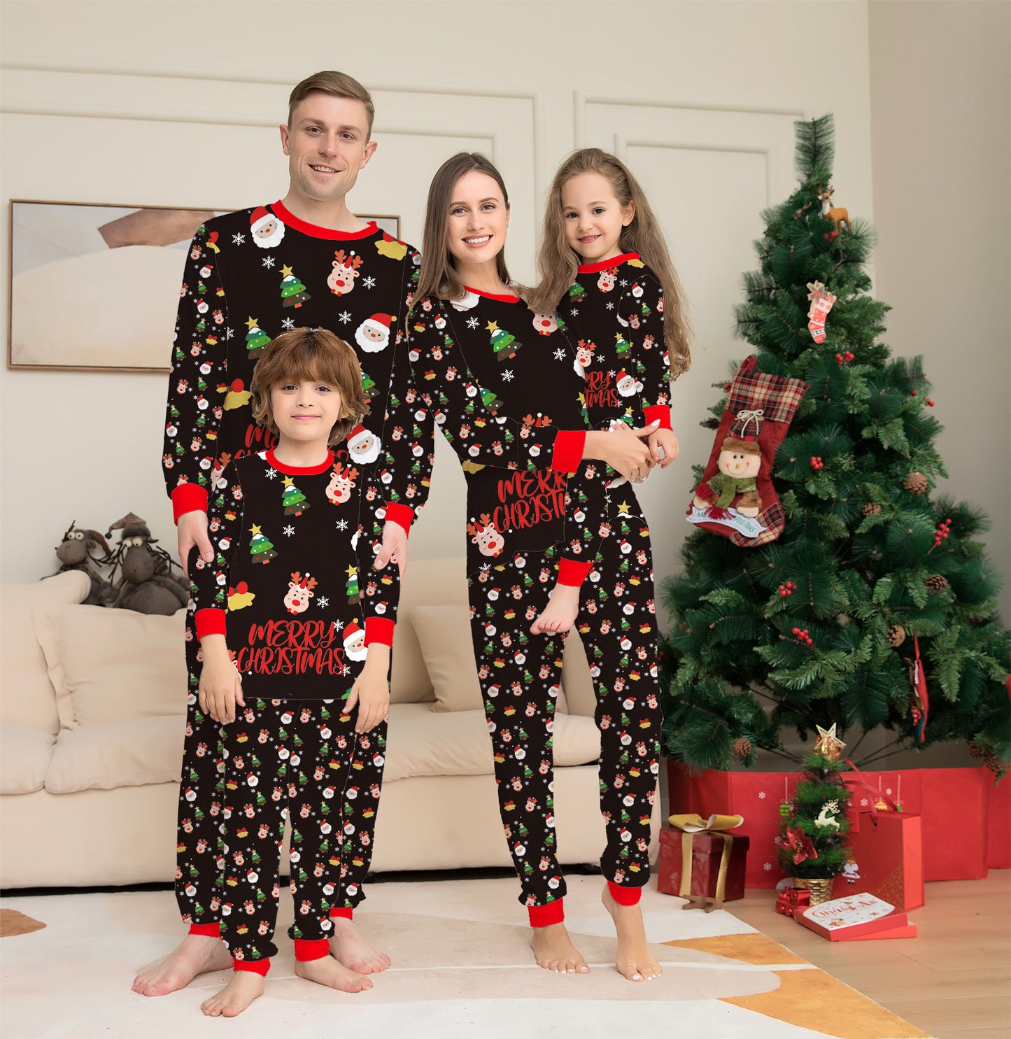 Kerstmis Familie Trendy Casual Matching Kerstpyjama Sets met Kerstmisprint voor Gezin & Koppels