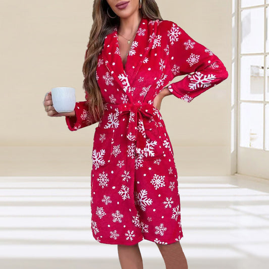 Kerstmis Elegante Stijlvolle Dikke Flanellen All-Over Bedrukte Kerstmisprint Kamer/ Badjas met Bandsluiting voor Dames & Plus-size