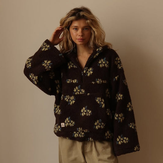 Uniek Ontwerp Trendy Winterse Casual Oversized Fleece Trui met Bloemenpatroon en Ritssluiting Revers voor Dames & Plus-size