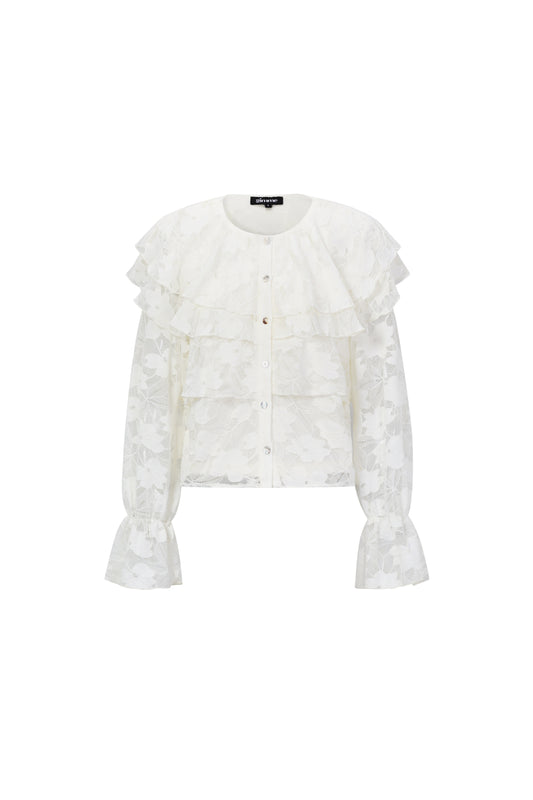 Geweven Polyestervezel Vrouwen Overhemd Elegante Bloemenprint Kantenpaneel