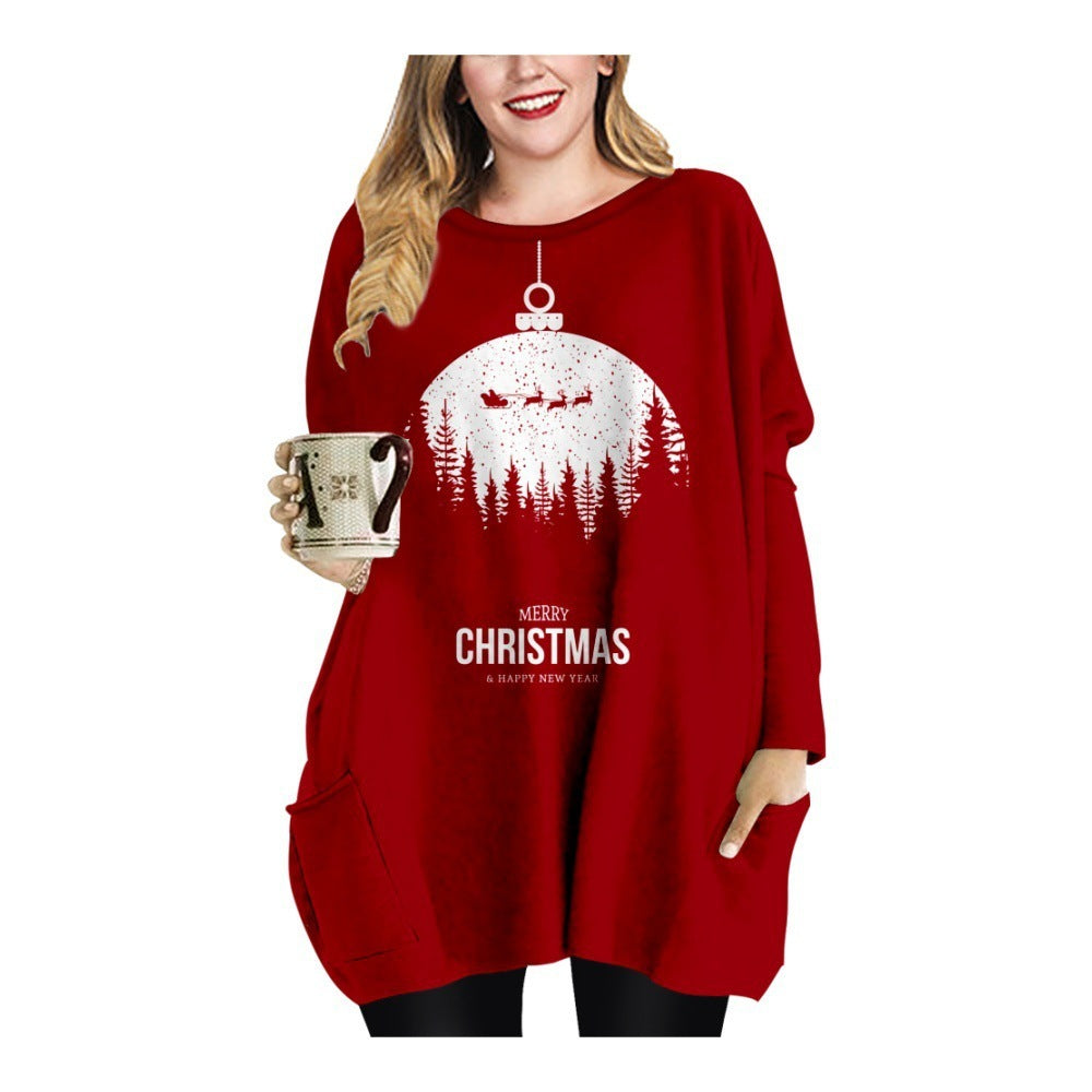 Kerstmis Trendy Stijlvolle Oversized Lange Kerstjurk met Kerstmismotief en Ronde Hals voor Dames & Plus-size