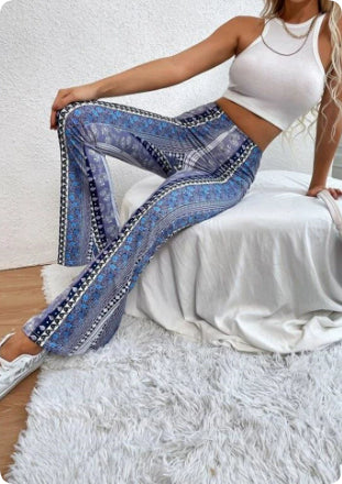 Stijlvolle Elegante Hoge Taille Strakke Stretch Boho Flare Broek met Bedrukte Paisley en Streepmotief voor Dames & Plus-size