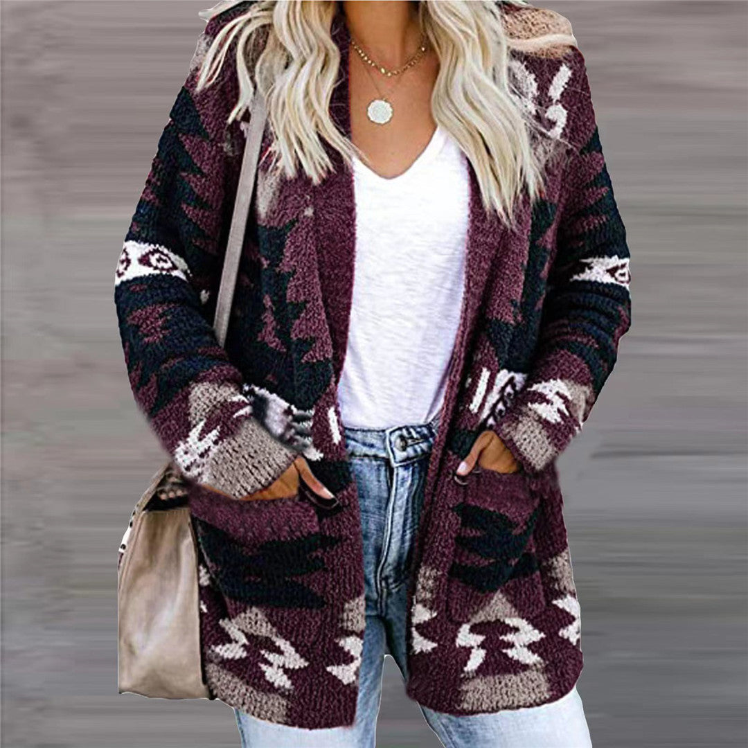 Kerstmis Unieke Oversized Gebreide Trui Cardigan met Gebreide Etnische-patroon en Zakken voor Dames & Plus-size