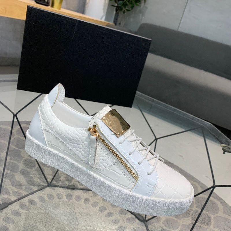 Europese Casual Comfortabele Effen Kleur Low-Top Sneakers van Echt Leer met Krokodillenpatroon en Ritssluiting voor Heren