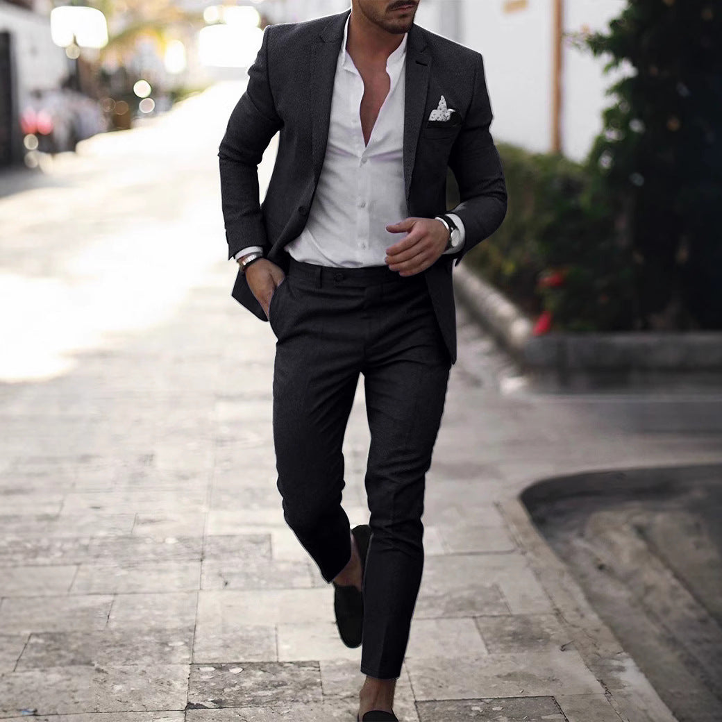 Casual Forensen Effen Kleur Slim Fit Katoenen Linnen Pak *Colbert & Pantalon met Knoopsluiting * 2-delige Set voor Heren