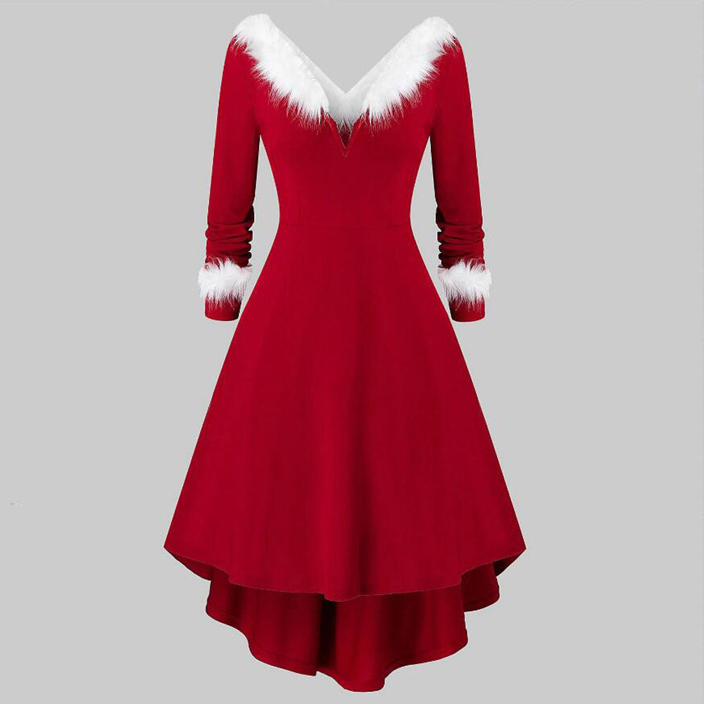 Kerstmis Elegante Artistieke Retro V-hals Kerstjurk met Imitatie Bont Patchwork en Lange Mouwen voor Dames & Plus-size