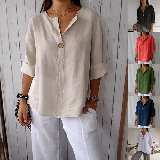 Unieke Designer Linnen V-hals Oversized Blouse T-shirt met Lange Mouwen en Knoopsluiting voor  Dames & Plus-size