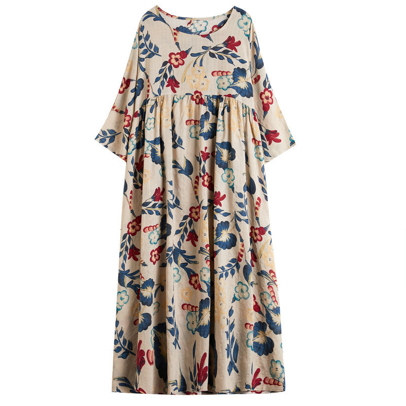 Stijlvolle Vintage Oversized Katoenen Linnen Bloemenprint Maxi-jurk met Korte Mouwen en Ronde Hals voor Dames