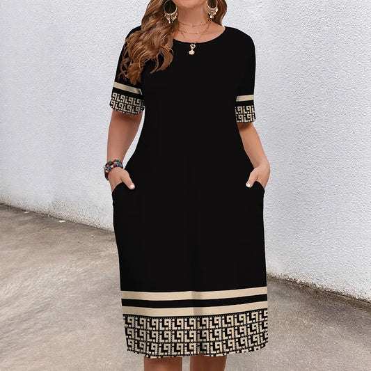 Elegante Comfortabele Contrasterende Jurk met Ronde Hals en Korte/ Lange Mouwen voor Dames & Plus-size