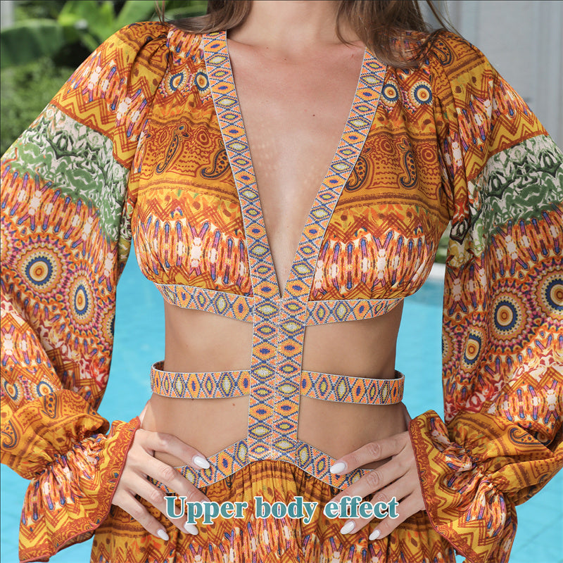 Elegante Vintage Bloemenprint Boho Maxi-jurk met V-hals en Lange Pofmouwen voor Dames & Plus-size