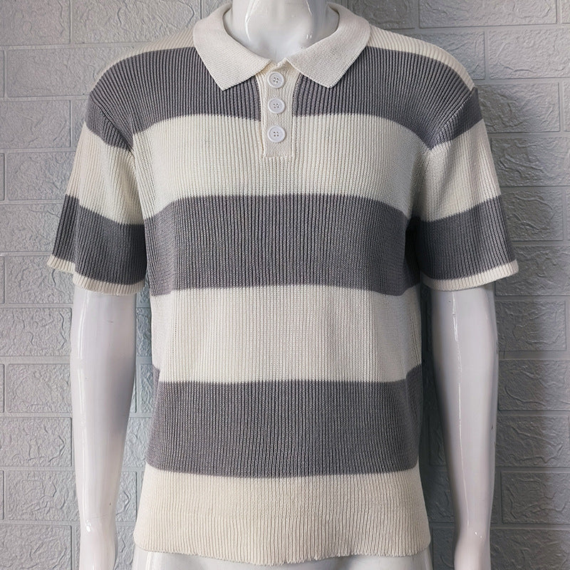 Europese Casual Gestreepte Revers Poloshirt met Korte Mouwen en Knoopsluiting voor Heren