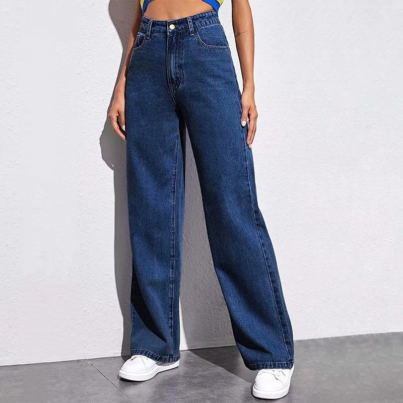 Fashion Washed Mid Waist Straight Jeans met Zakken voor Dames & Plus-size