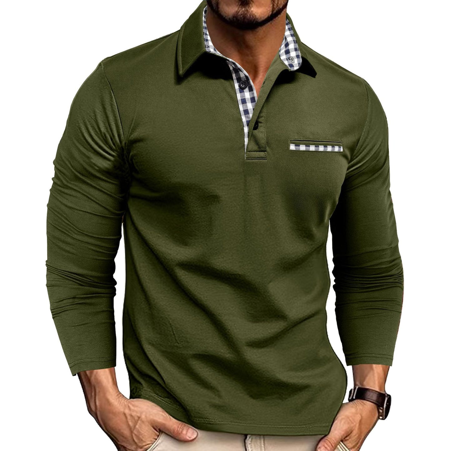 Stijlvolle Design Casual Geruite Splicing Revers Poloshirt in Effen Kleur Lange Mouwen voor Heren