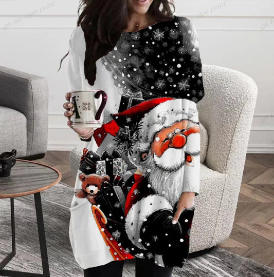 Kerstmis Trendy Stijlvolle Oversized Lange Kerstjurk met Kerstmismotief en Ronde Hals voor Dames & Plus-size