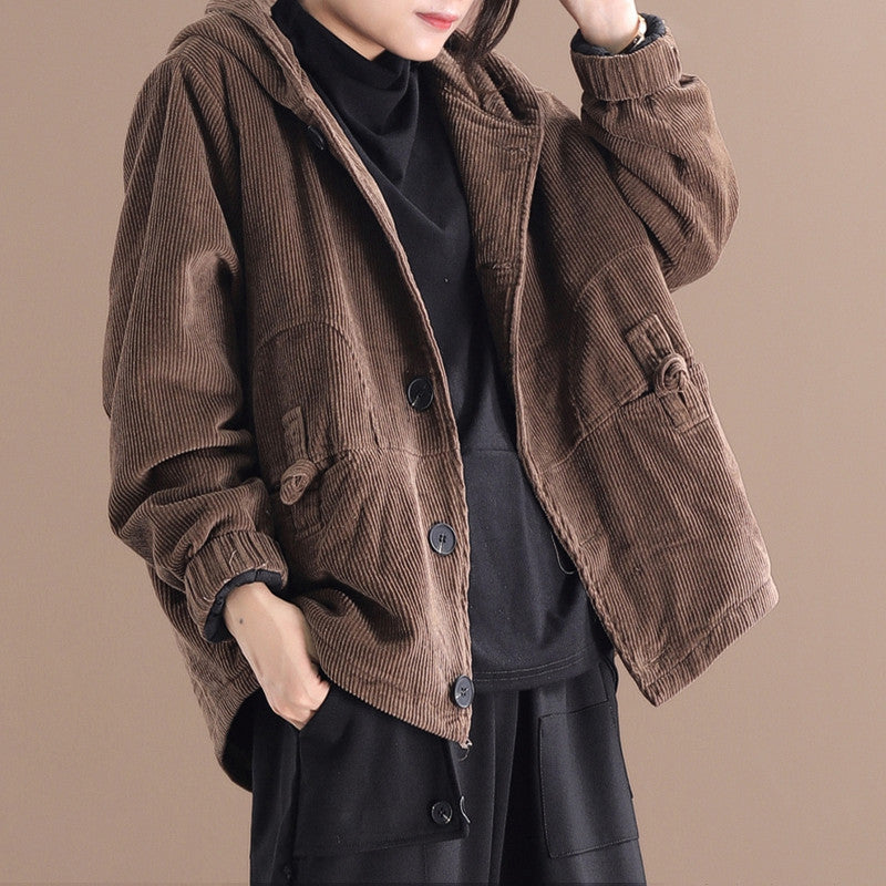 Trendy Effen Kleur Gestreepte Corduroy Korte Jacket met Knoopsluiting in Harajuku Stijl voor Dames