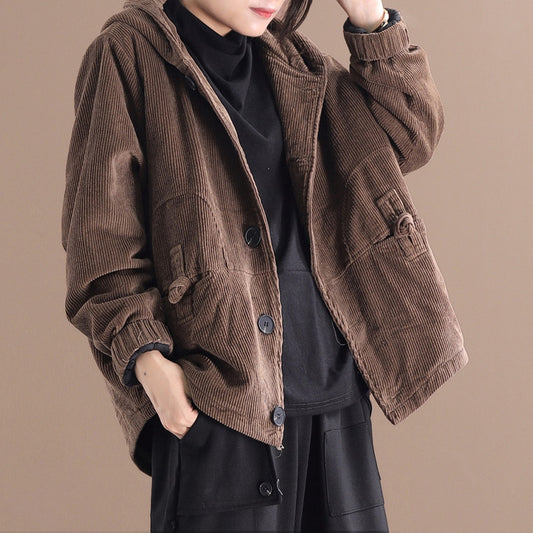 Trendy Effen Kleur Gestreepte Corduroy Korte Jacket met Knoopsluiting in Harajuku Stijl voor Dames