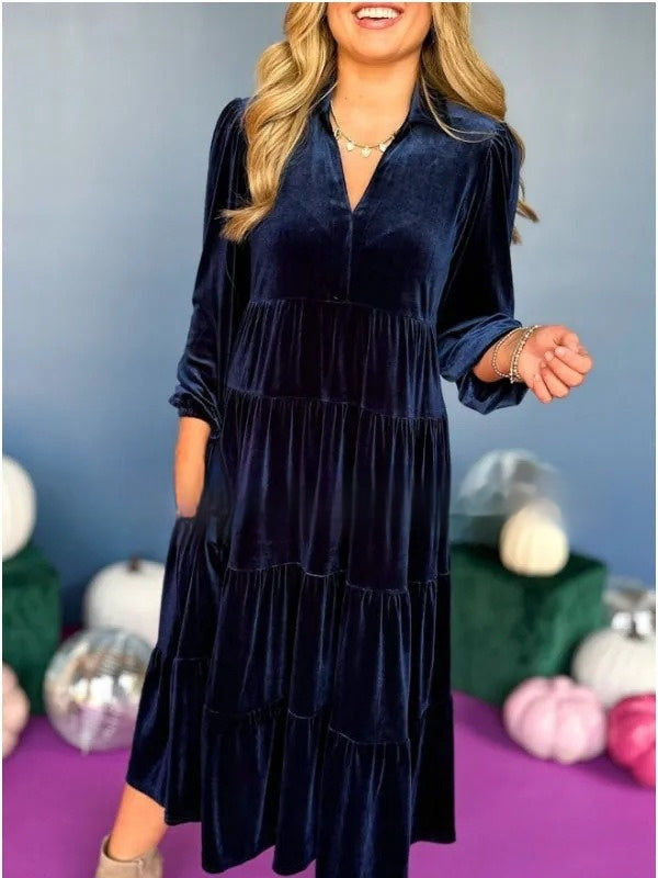 Kerstmis Amerikaanse Elegante Oversized Kerst/Avond Fluwelen Middellange-jurk met V-hals en Lange Mouwen voor Dames & Plus-size