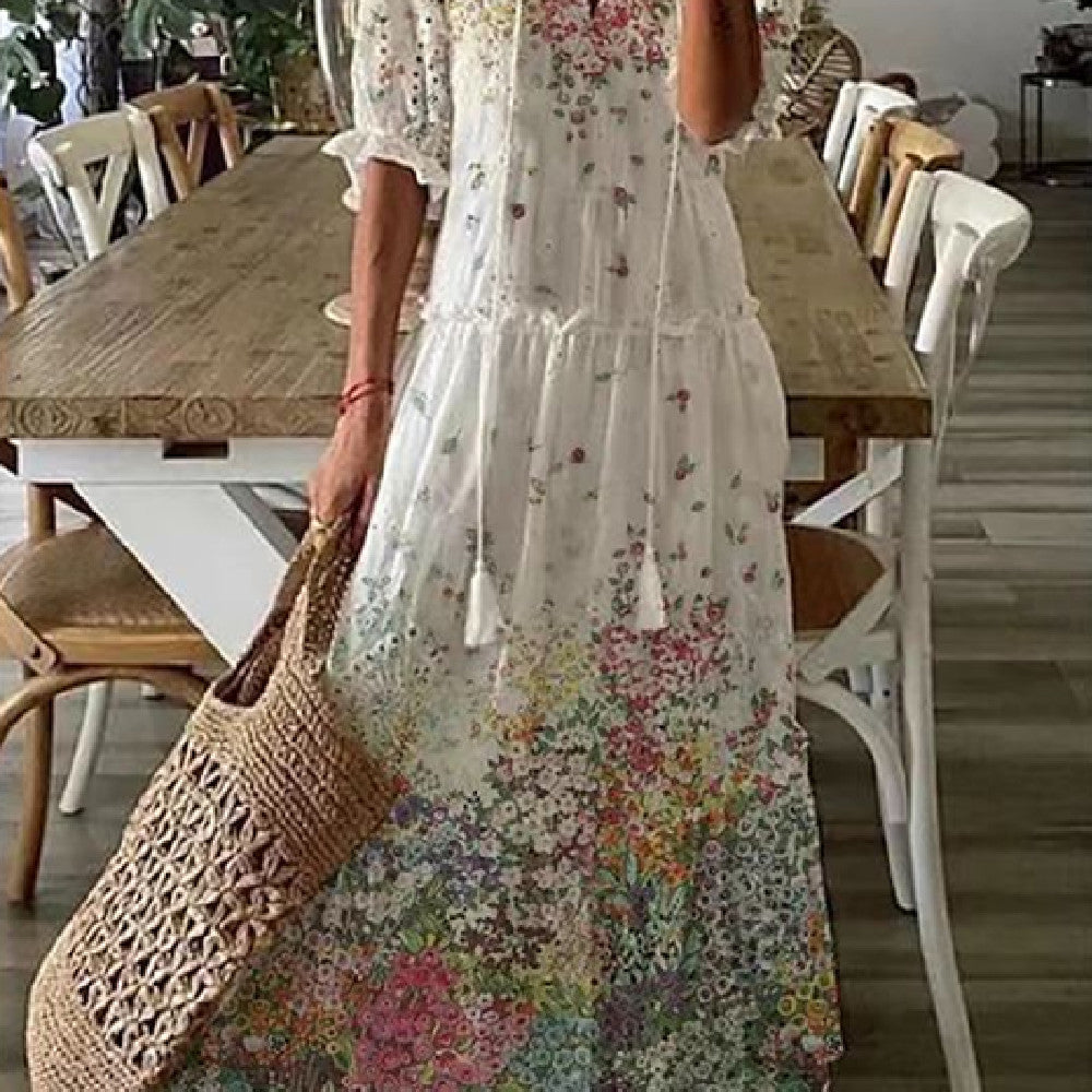 Stijlvolle Elegante Bedrukte Bloemenprint Maxi-jurk met Lange Mouwen en V-hals voor Dames & Plus-size