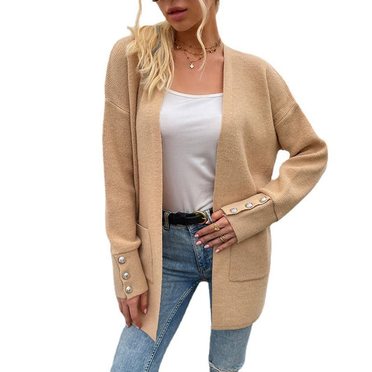 Europese en Amerikaanse Casual Effen Kleur Middellange Gebreide Cardigan voor Dames & Meiden