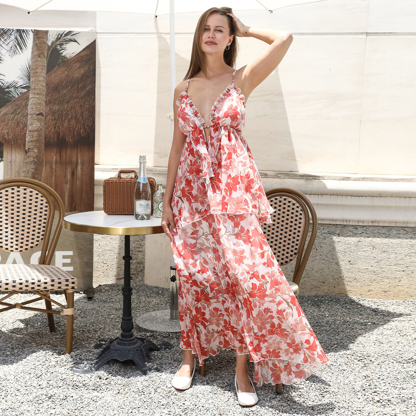 Stijvolle Eenvoudige Diepe V-hals Bloemenprint Maxi-jurk met Spaghetti-bandjes voor Dames & Plus-size