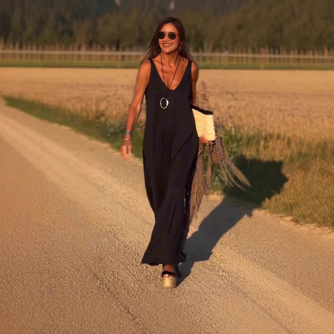 Trendy Casual Mouwloze V-hals Maxi-jurk in Effen Kleur Dames & Plus-size