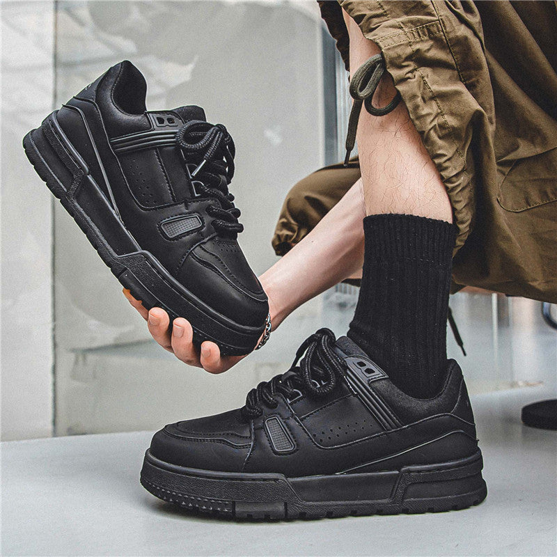 Europese Casual Retro Effen Kleur Sportsneakers van PU-Leer met Ronde Neus en Vetersluiting in Britse Stijl voor Heren & Jongens