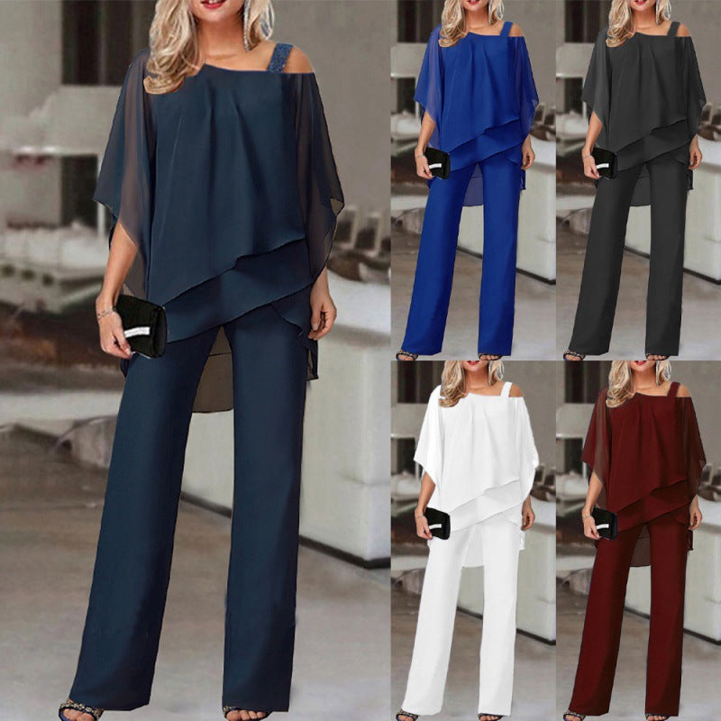 Elegante Stijlvolle Effen Kleur 2-delige Outfit * Oversized Off-Shoulder Top met Vleermuismouwen & Rechte Wijde Pijpen Broek voor Dames/Plus-size & Meiden